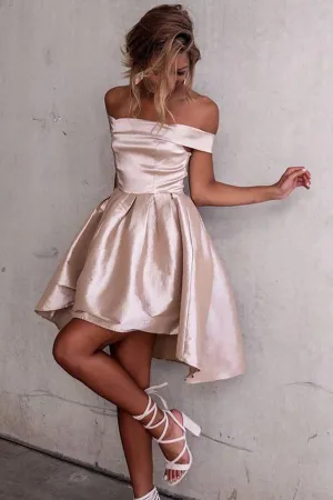 Anneprom High Low Off-The-Shoulder Pleated Satin Homecoming Dress APH0016