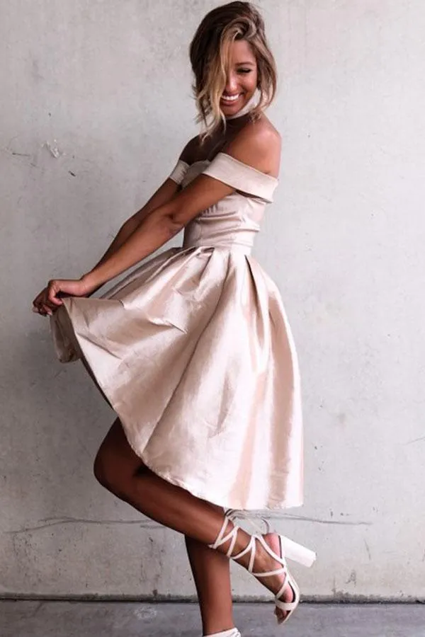 Anneprom High Low Off-The-Shoulder Pleated Satin Homecoming Dress APH0016
