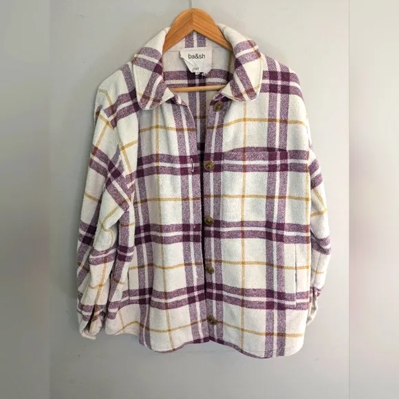 BA&amp;SH Qetsia Cream Plaid Wool Lady Jacket Overshirt Size M