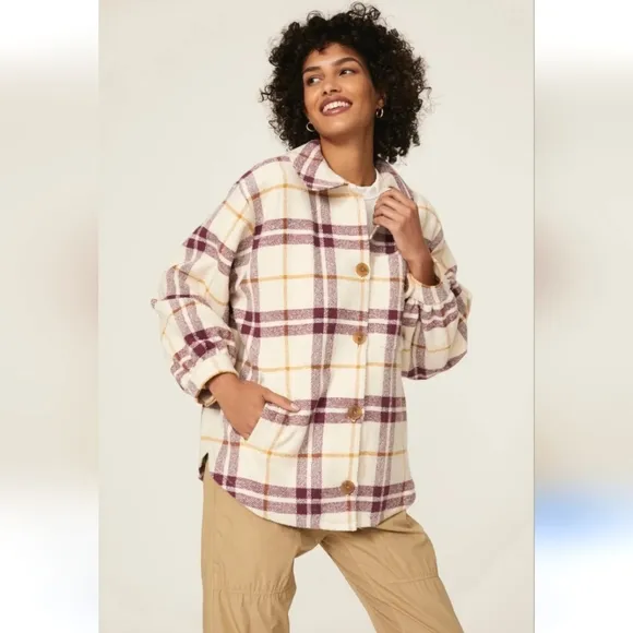 BA&amp;SH Qetsia Cream Plaid Wool Lady Jacket Overshirt Size M