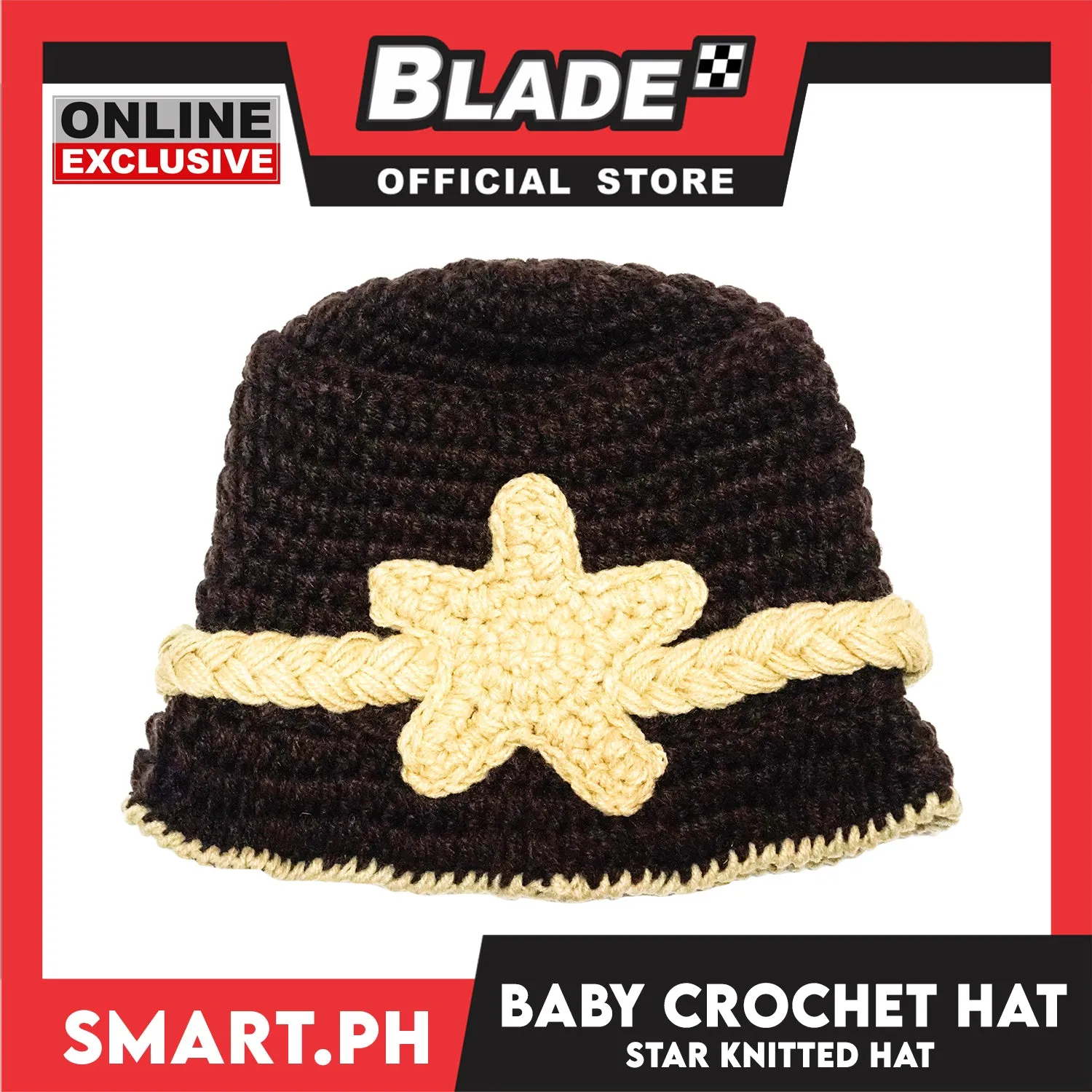 Baby Crochet Warm Hat Brown with Cream Star Design