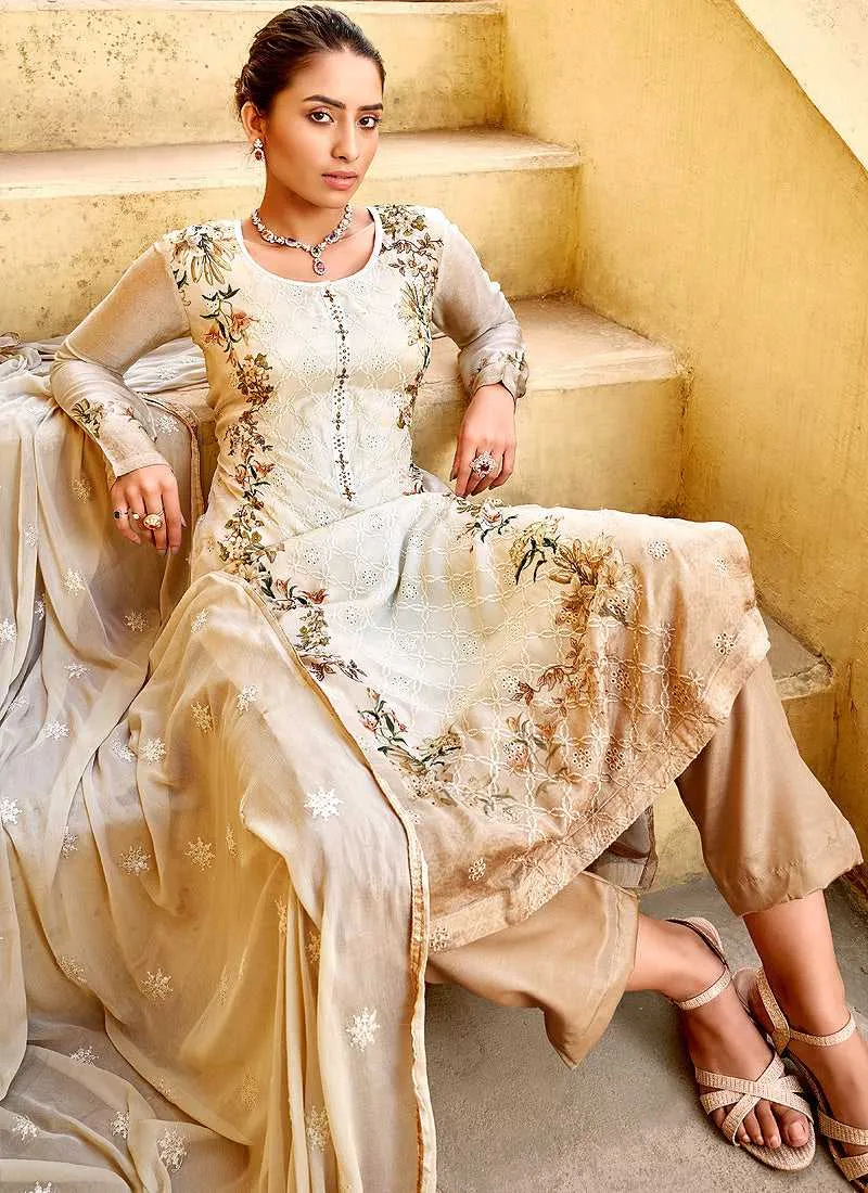 Beige Floral Print Embroidered Straight Pant Suit