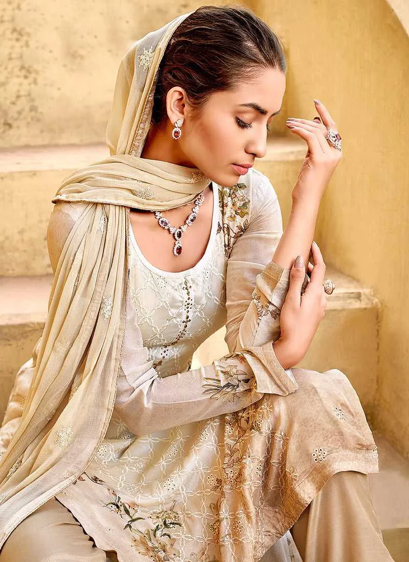 Beige Floral Print Embroidered Straight Pant Suit