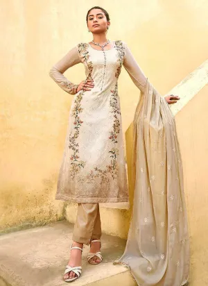 Beige Floral Print Embroidered Straight Pant Suit