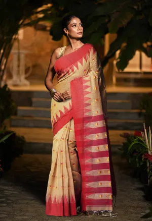 Beige Pure Handloom Bengal Cotton Linen Saree-UNM81585
