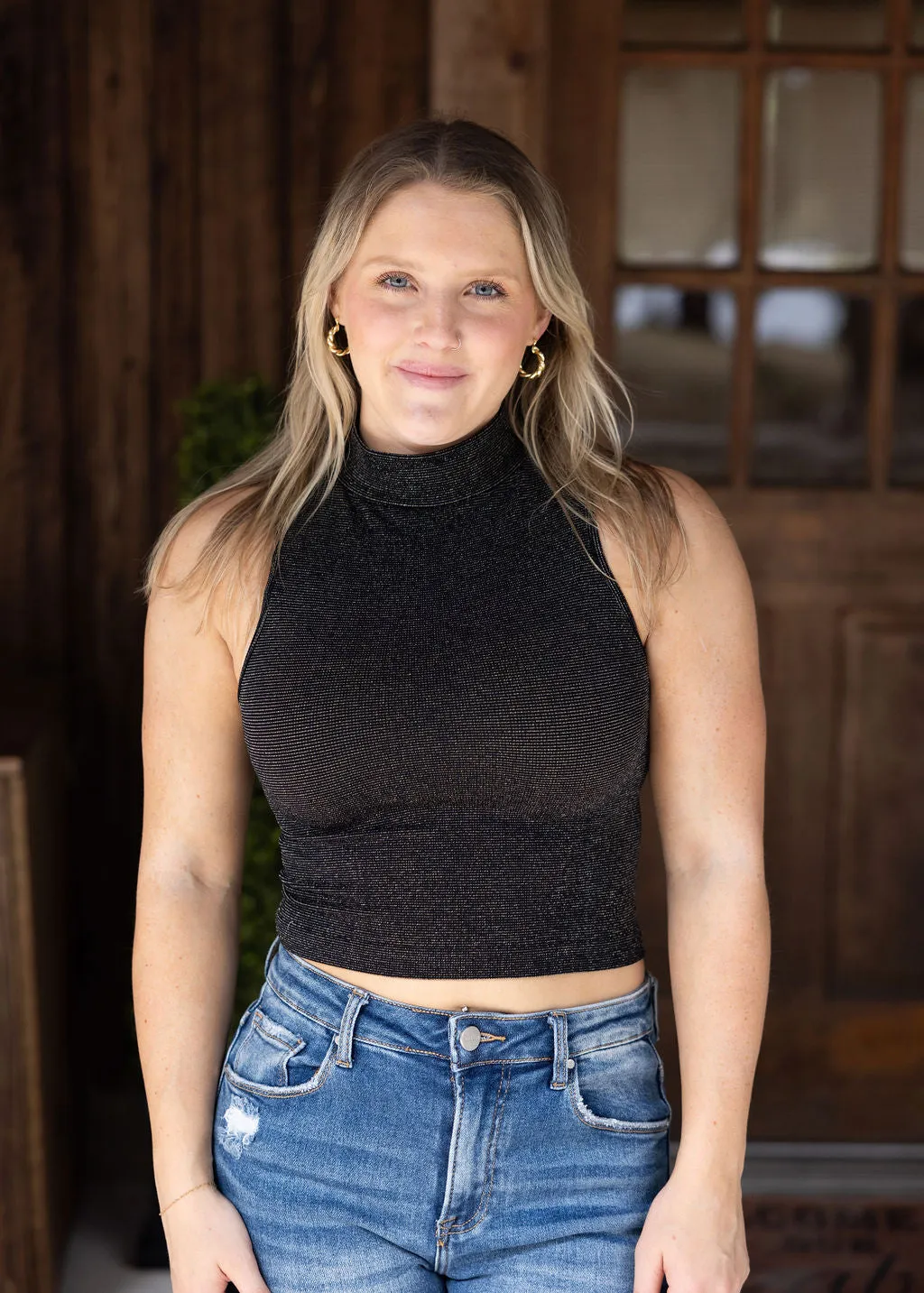 Black and Gold Mock Neck Cropped Top