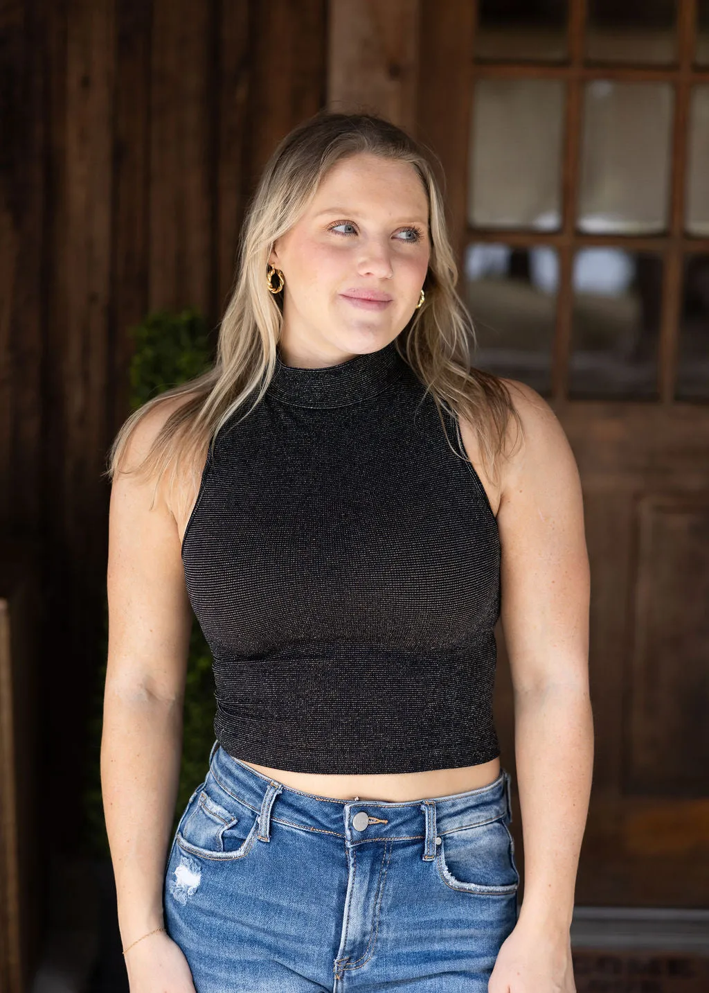 Black and Gold Mock Neck Cropped Top