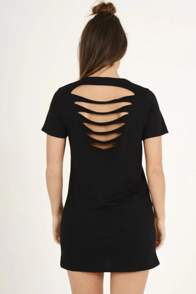 Black Distressed Back Graphic Print T Shirt Dress - Elle