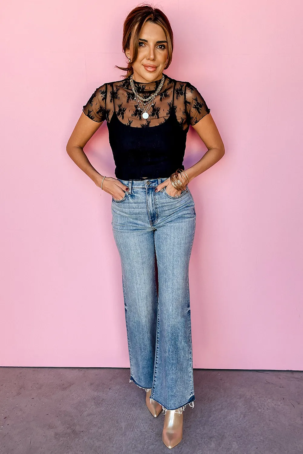 Black Floral Mesh Short Sleeve Blouse