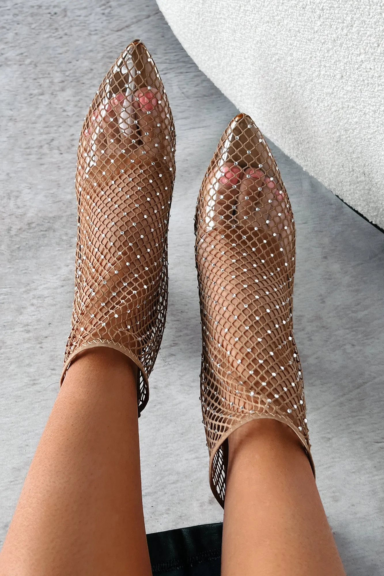 Call Me Dramatic Rhinestone Fishnet Ankle Booties (Light Blonde Mesh)