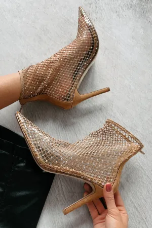 Call Me Dramatic Rhinestone Fishnet Ankle Booties (Light Blonde Mesh)