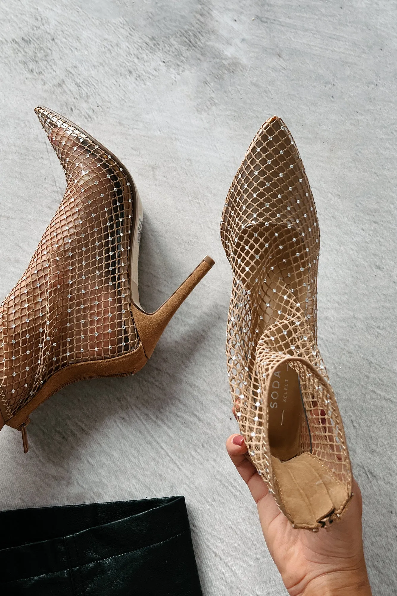 Call Me Dramatic Rhinestone Fishnet Ankle Booties (Light Blonde Mesh)