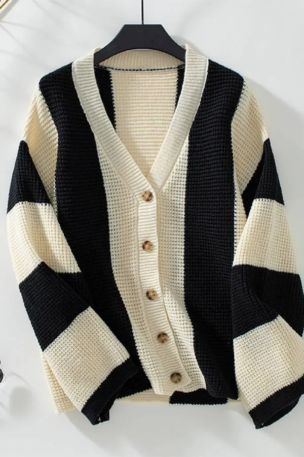 Contrast Striped Women's Sweater Cardigan Autumn And Winter Casual Loose Women's Knitting Shirt