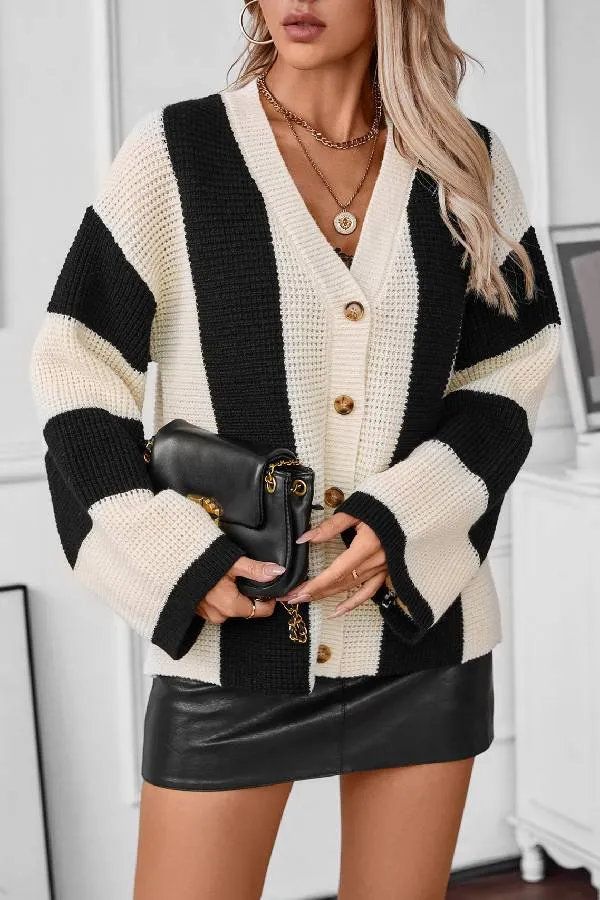 Contrast Striped Women's Sweater Cardigan Autumn And Winter Casual Loose Women's Knitting Shirt