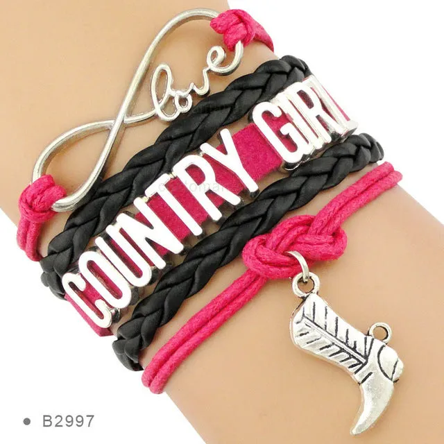 Cowgirl Country Boy Girl Cowboy Hat Boots Infinity Charm Bracelets Antique Silver Handmade Adjustable Jewelry Women Men Gift