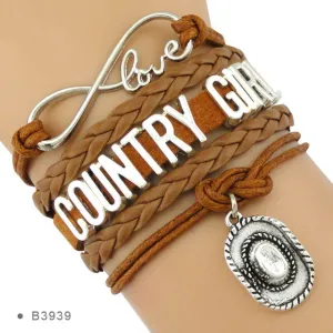 Cowgirl Country Boy Girl Cowboy Hat Boots Infinity Charm Bracelets Antique Silver Handmade Adjustable Jewelry Women Men Gift