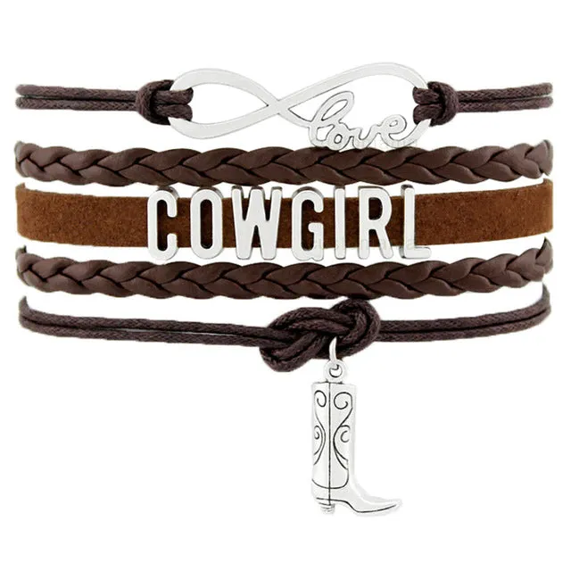 Cowgirl Country Boy Girl Cowboy Hat Boots Infinity Charm Bracelets Antique Silver Handmade Adjustable Jewelry Women Men Gift