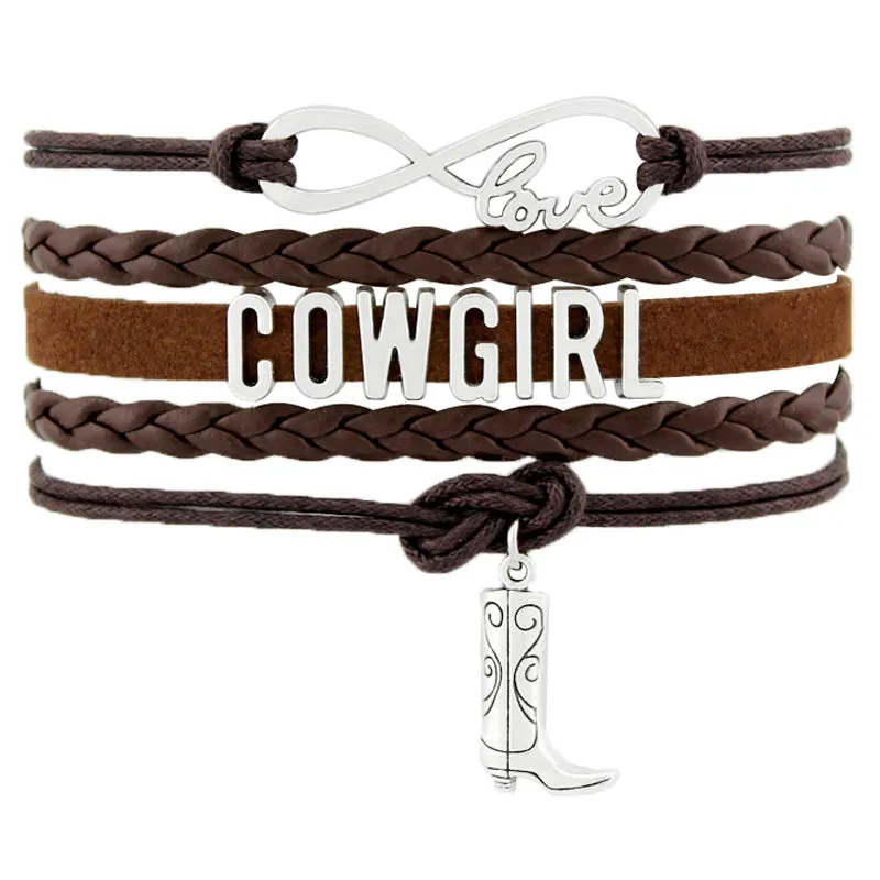 Cowgirl Country Boy Girl Cowboy Hat Boots Infinity Charm Bracelets Antique Silver Handmade Adjustable Jewelry Women Men Gift