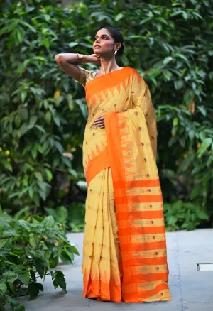 Cream Pure Handloom Bengal Cotton Linen Saree-UNM81587