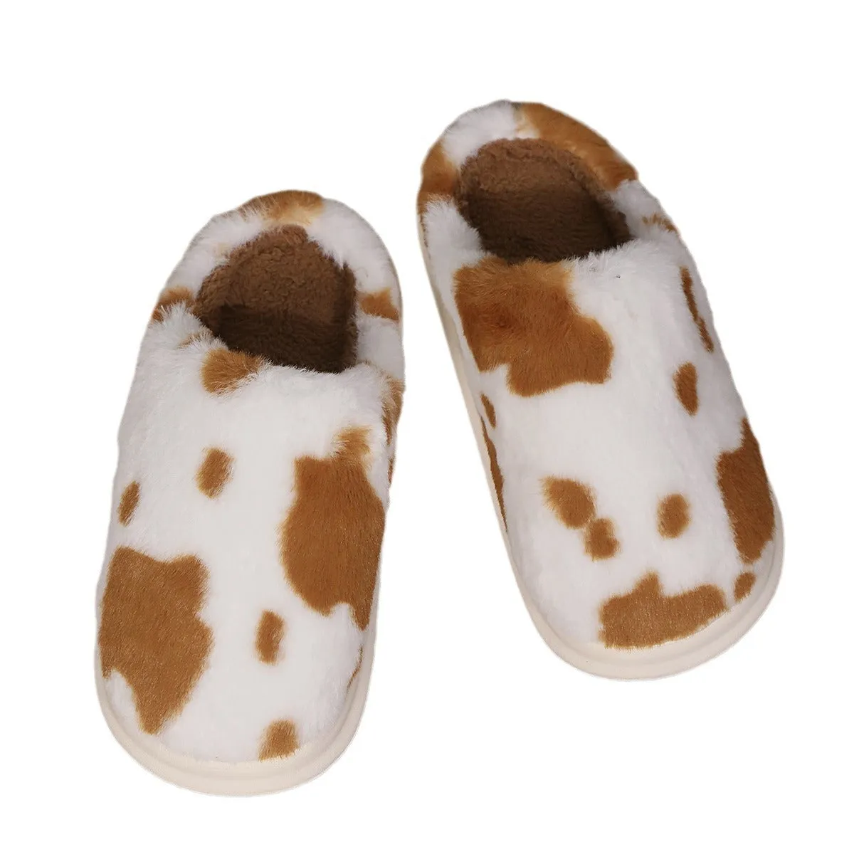 Cute Cow Spotted Plush Slippers Winter Warm Non-slip