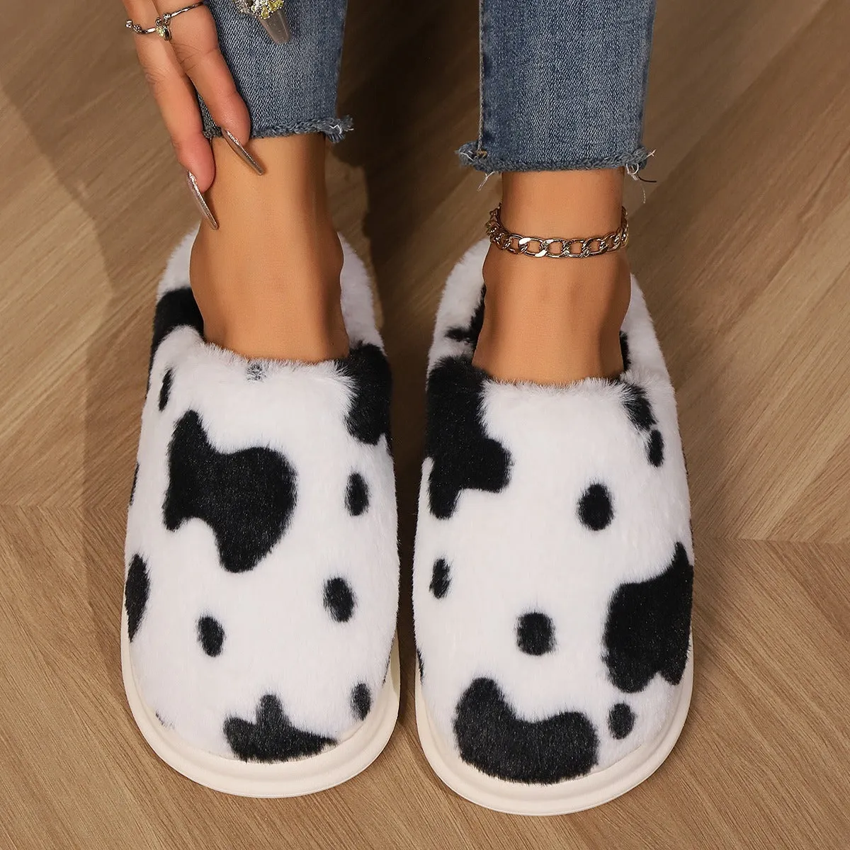 Cute Cow Spotted Plush Slippers Winter Warm Non-slip