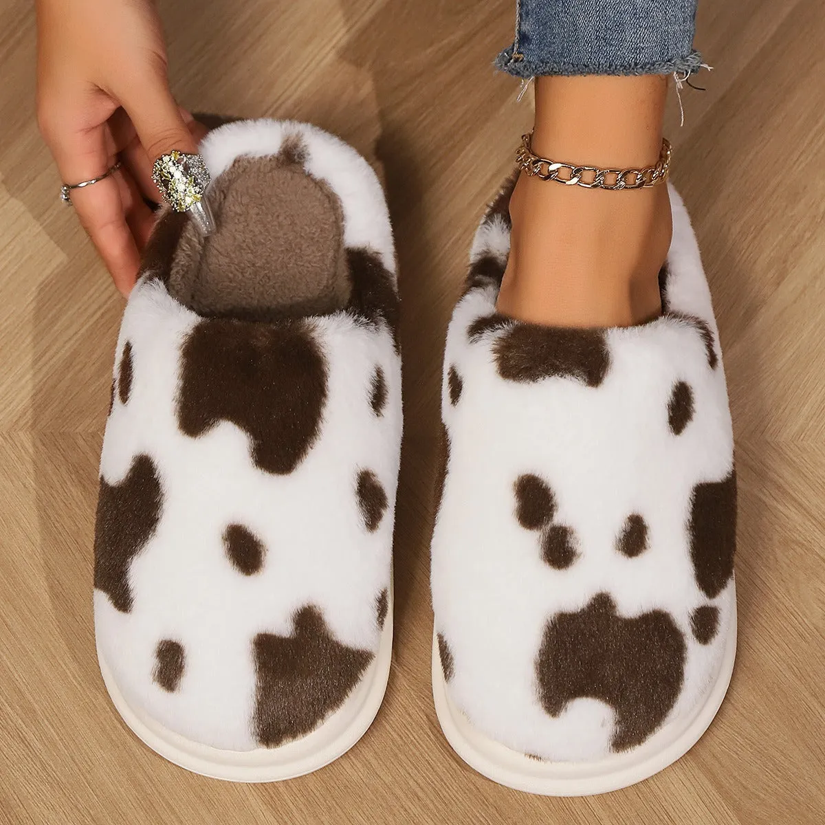 Cute Cow Spotted Plush Slippers Winter Warm Non-slip