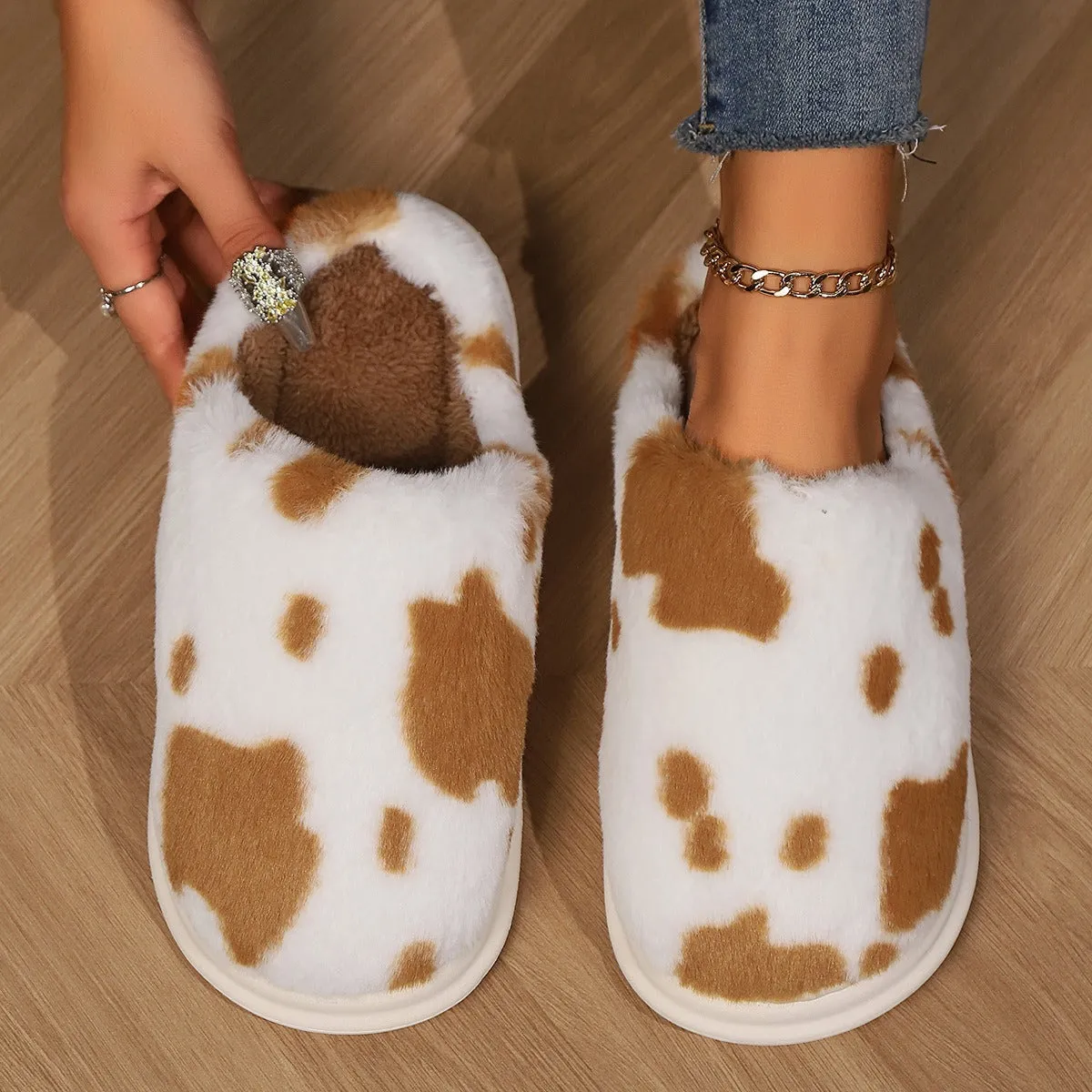 Cute Cow Spotted Plush Slippers Winter Warm Non-slip