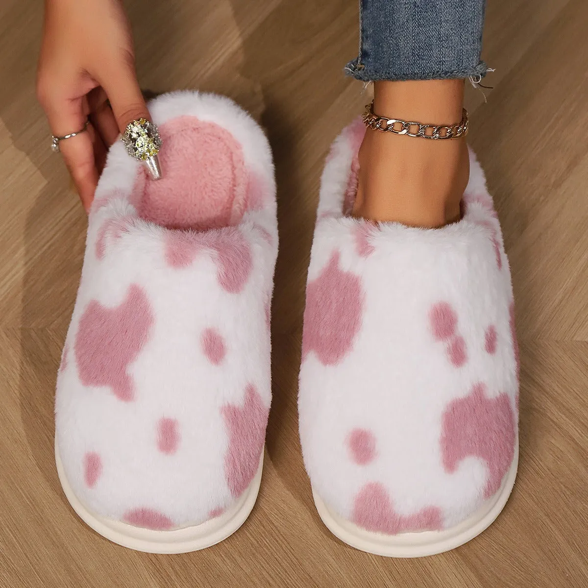 Cute Cow Spotted Plush Slippers Winter Warm Non-slip