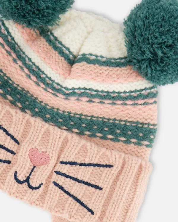 Deux par Deux - Knit Hat With Ears Light Pink Cat Face