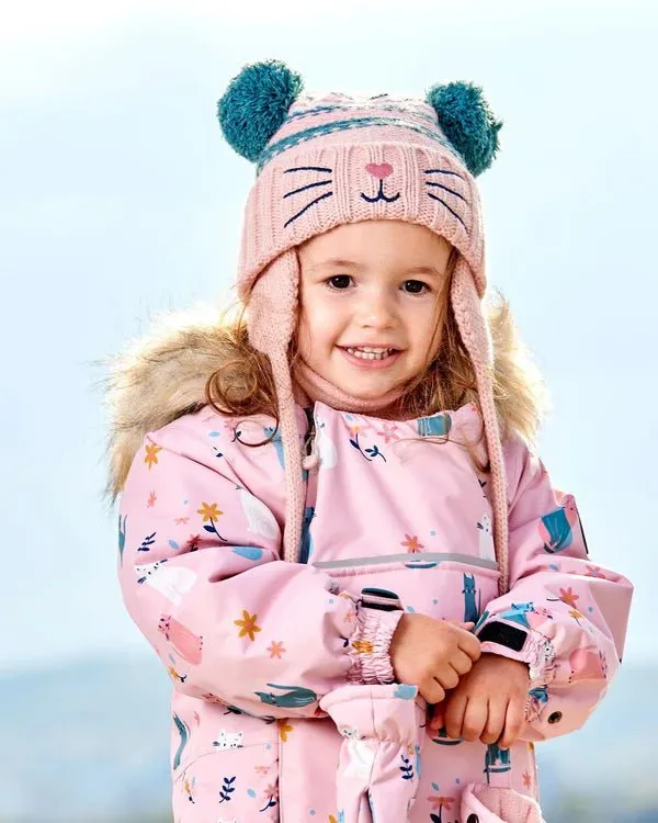 Deux par Deux - Knit Hat With Ears Light Pink Cat Face