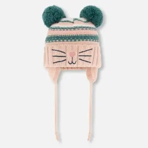 Deux par Deux - Knit Hat With Ears Light Pink Cat Face