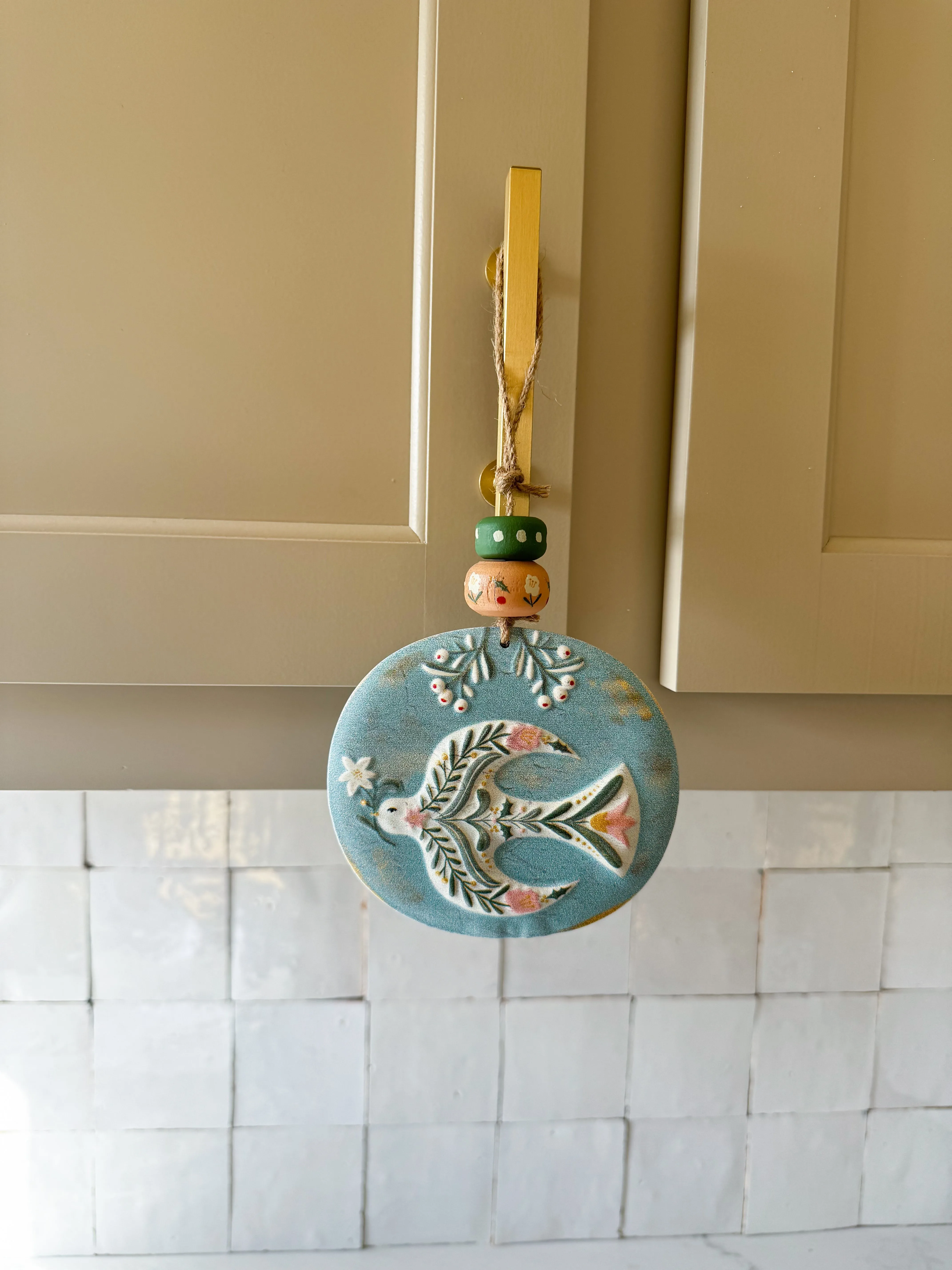 Dove Metal Ornament with Wood Beads
