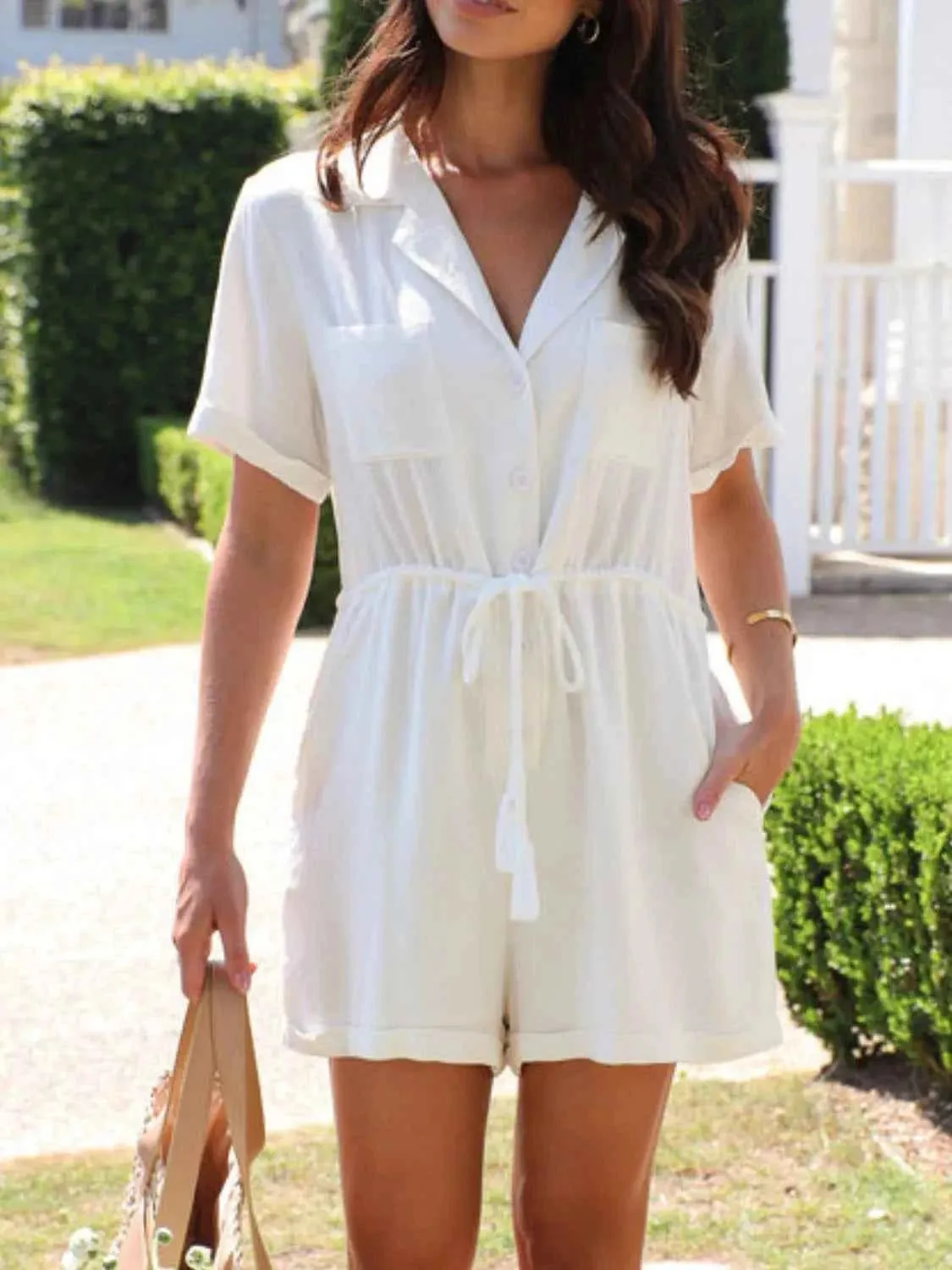 Drawstring Romper with Short Sleeves