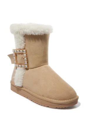 Embellished Buckle Fur Bootie Tan