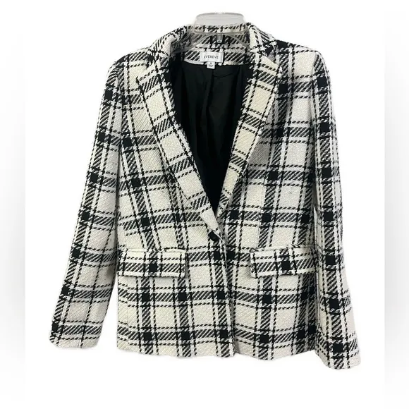 Evereve Women’s Kennedy Blazer White Black Plaid Tweed One Button- Size Medium