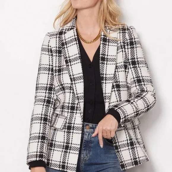 Evereve Women’s Kennedy Blazer White Black Plaid Tweed One Button- Size Medium