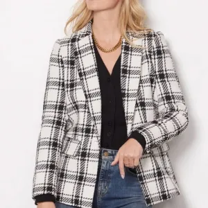 Evereve Women’s Kennedy Blazer White Black Plaid Tweed One Button- Size Medium