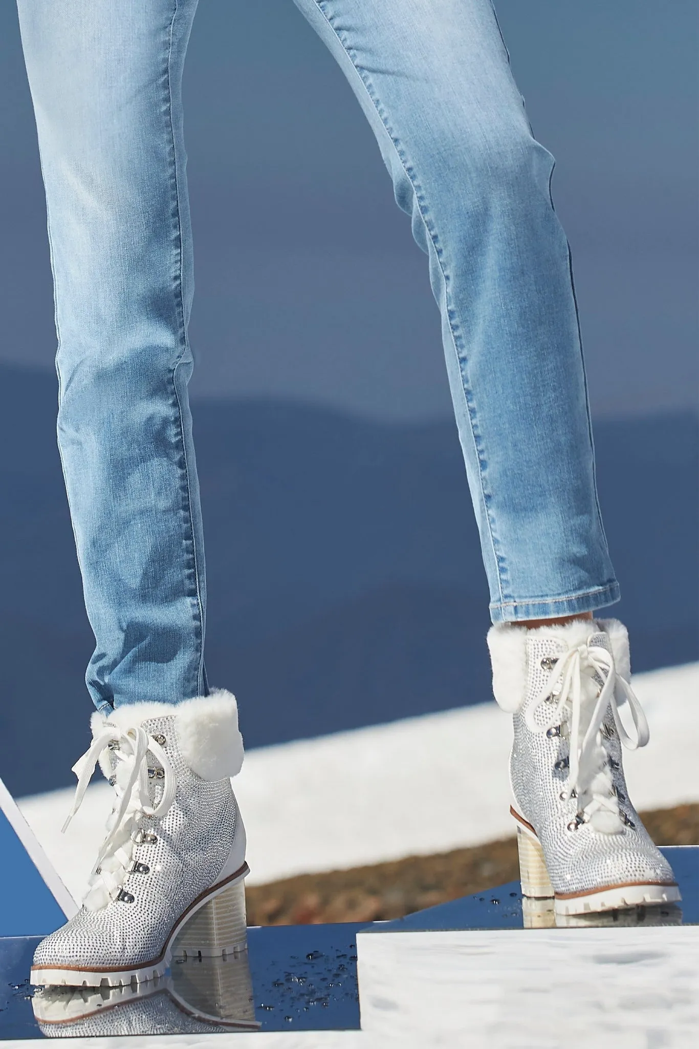 Faux-Fur Embellished Heeled Bootie White