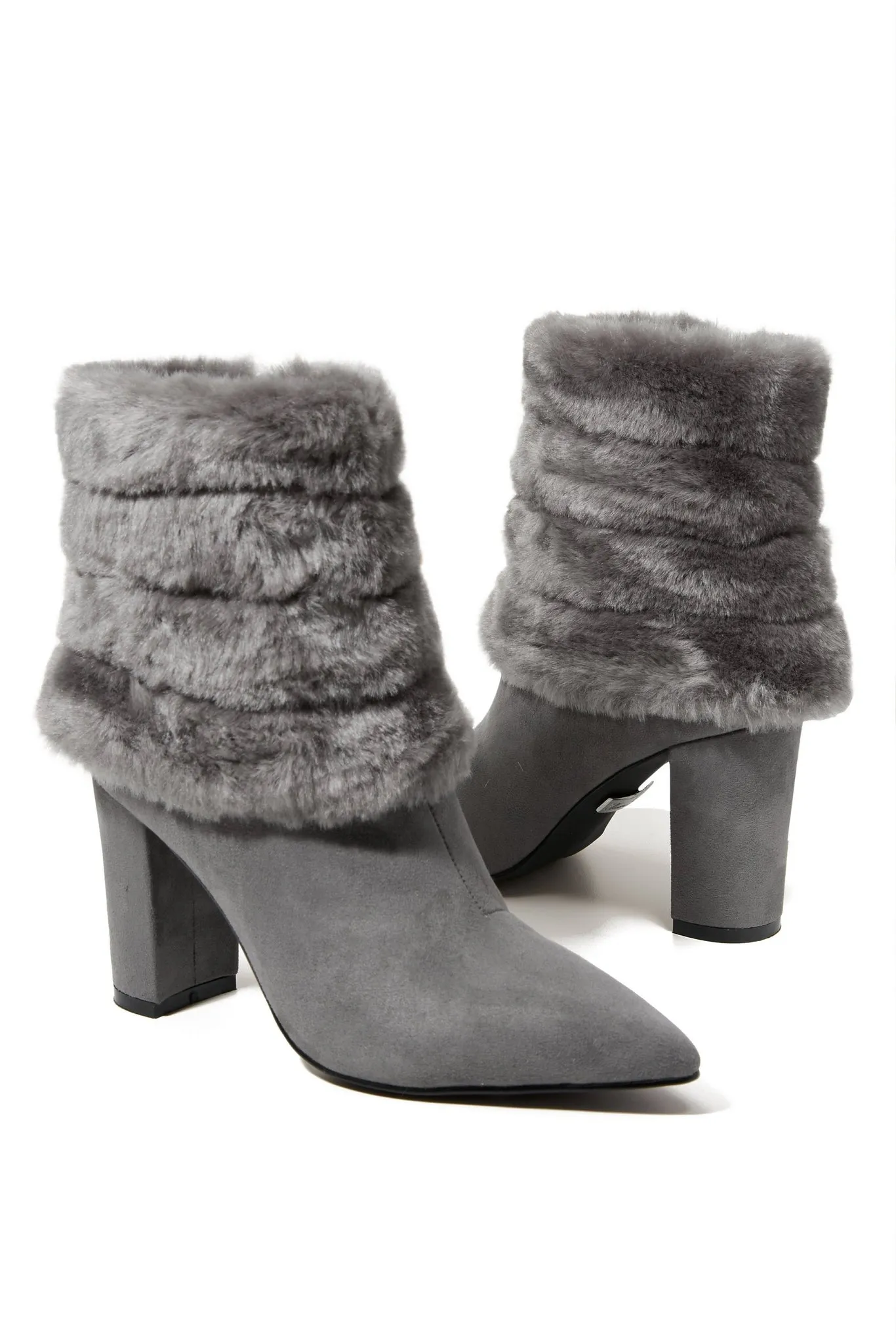 Fur Trim Suede Ankle Bootie Gray