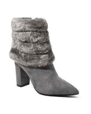Fur Trim Suede Ankle Bootie Gray