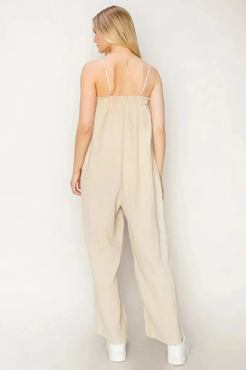 Gauze Relaxed Textured Cotton Ruffle Neckline Wide-Leg Jumpsuit