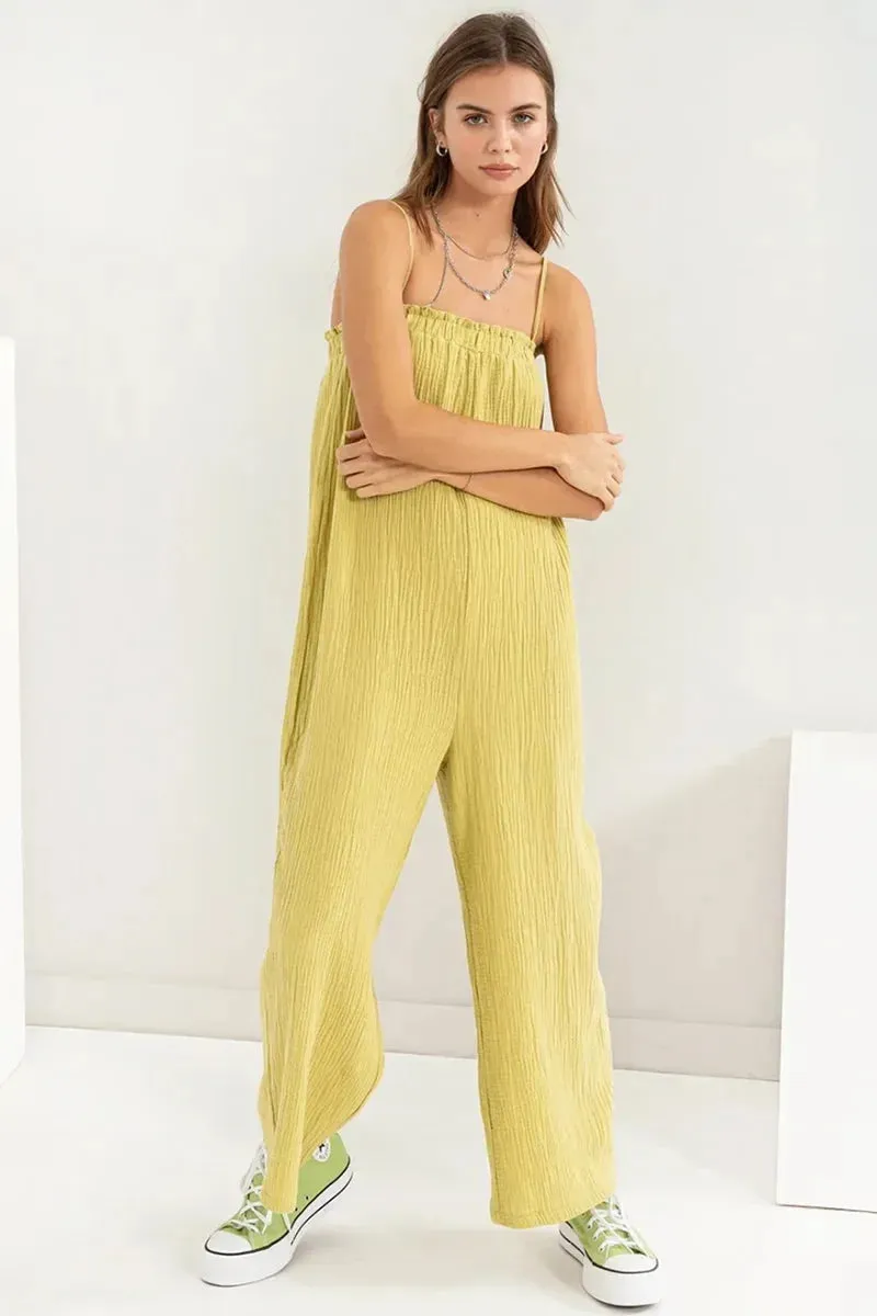 Gauze Relaxed Textured Cotton Ruffle Neckline Wide-Leg Jumpsuit