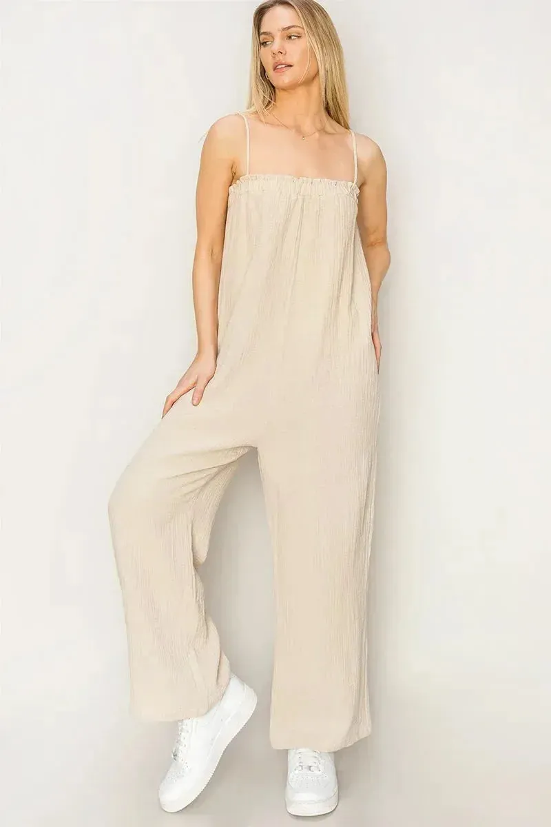 Gauze Relaxed Textured Cotton Ruffle Neckline Wide-Leg Jumpsuit