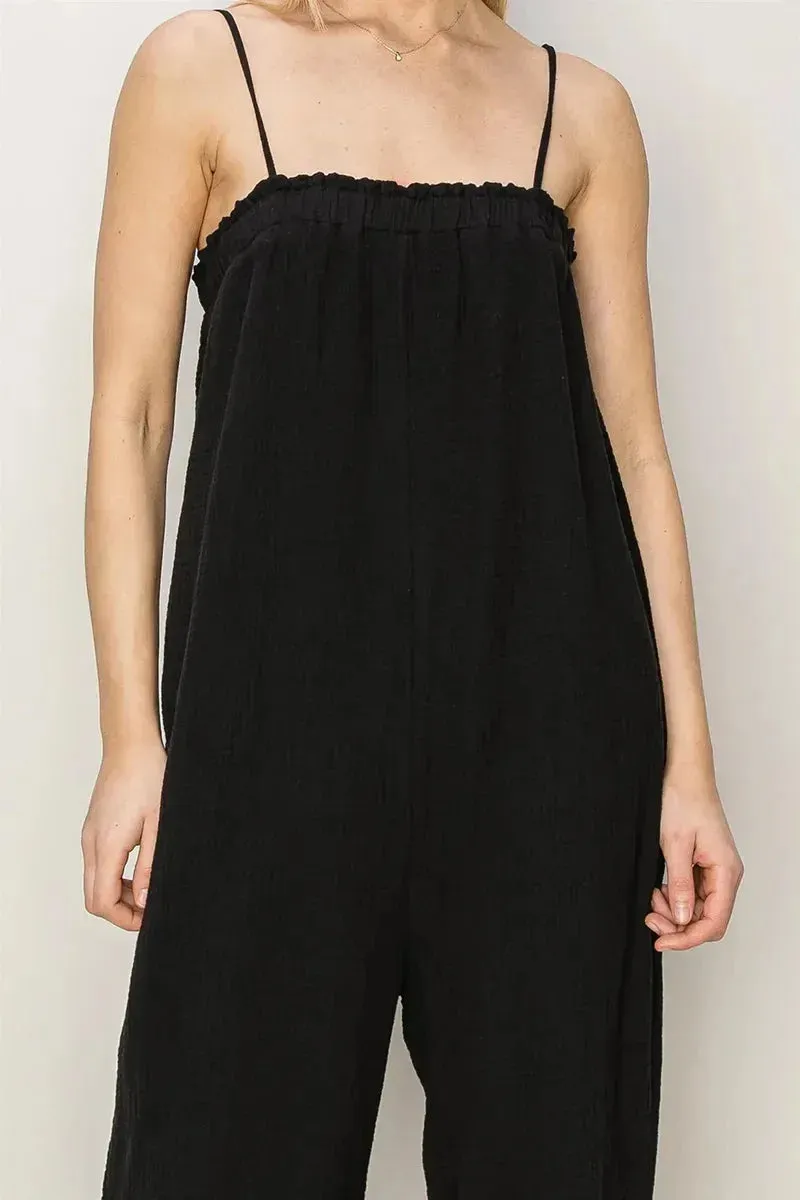 Gauze Relaxed Textured Cotton Ruffle Neckline Wide-Leg Jumpsuit