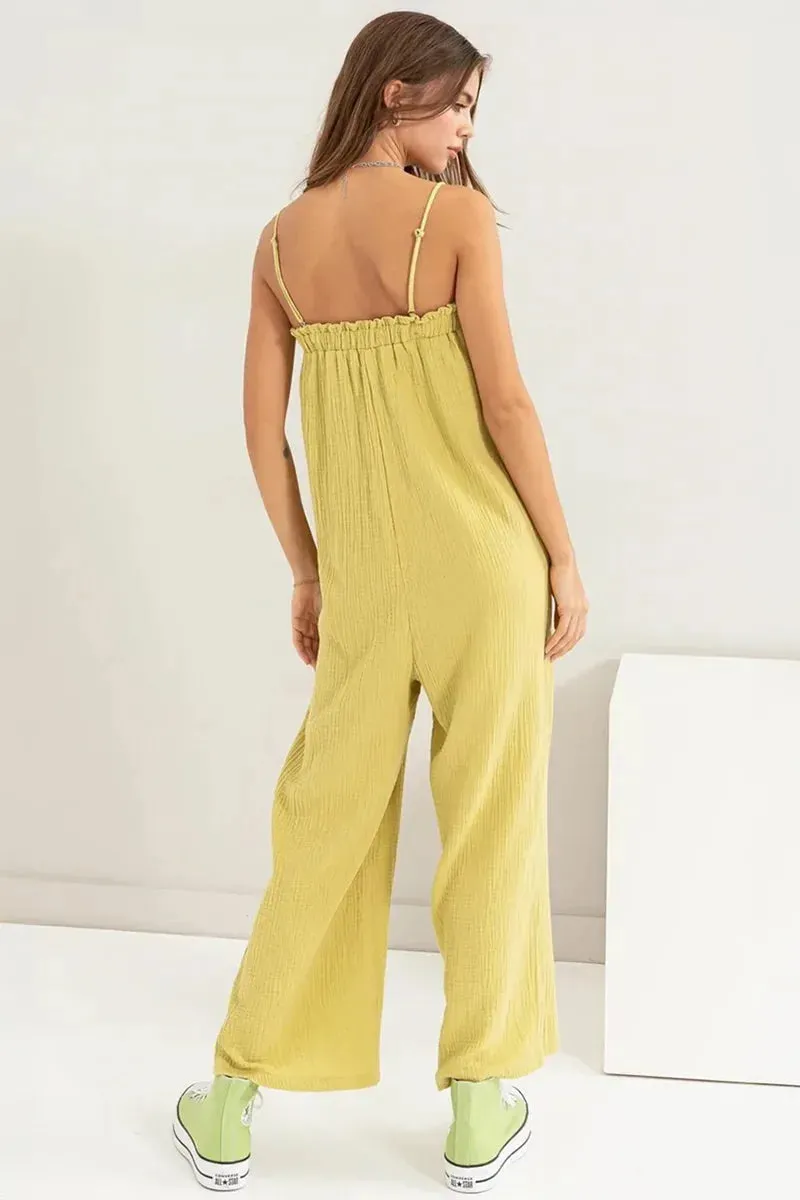 Gauze Relaxed Textured Cotton Ruffle Neckline Wide-Leg Jumpsuit