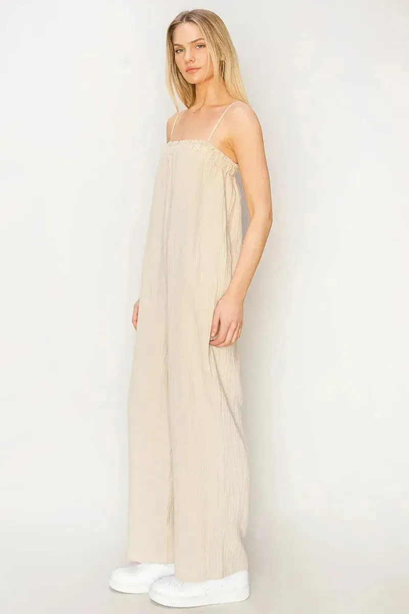 Gauze Relaxed Textured Cotton Ruffle Neckline Wide-Leg Jumpsuit