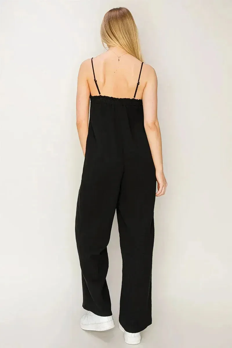 Gauze Relaxed Textured Cotton Ruffle Neckline Wide-Leg Jumpsuit