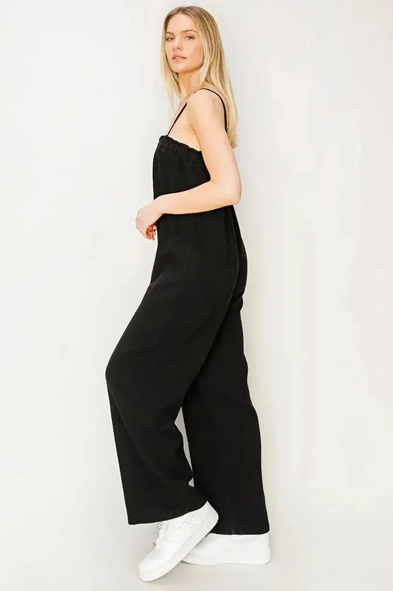 Gauze Relaxed Textured Cotton Ruffle Neckline Wide-Leg Jumpsuit