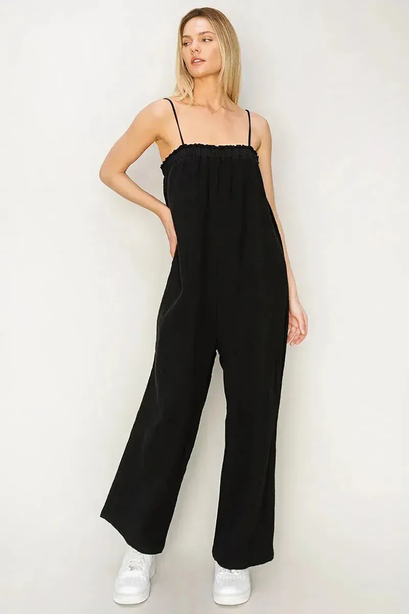 Gauze Relaxed Textured Cotton Ruffle Neckline Wide-Leg Jumpsuit