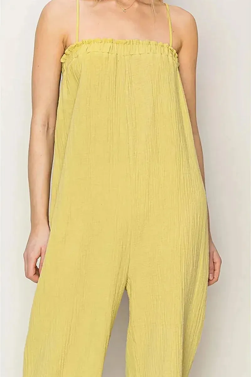 Gauze Relaxed Textured Cotton Ruffle Neckline Wide-Leg Jumpsuit
